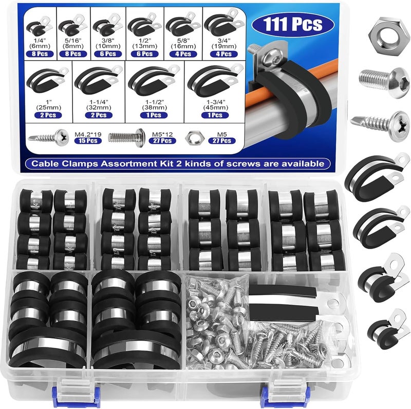 Comkrivy 111 Pcs Cable Clamps - 10 Size Pipe Clamps Assortment Kit 304 Stainless Steel Rubber Cushion Wire Clamp 1/4" 5/16" 3/8" 1/2" 5/8" 3/4" 1" 1-1/4" 1-1/2" Metal P Clamp for Securing Cables and Hoses - Image 1